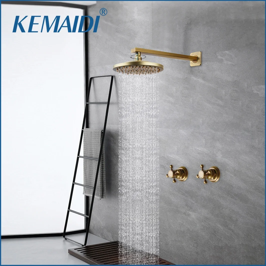 KEMAIDI Shower Faucet Sets 8 inch Antique Brass Round Rainfall Shower Head Wall Mounted Bathroom  2 Handles Shower Systerm