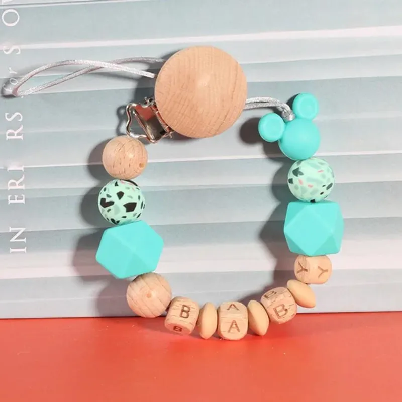 Personalized Name Handmade Silicone Baby Wooden Dummy Pacifier Clip Safe Teething Chain Teether Pacifier Holder Chain