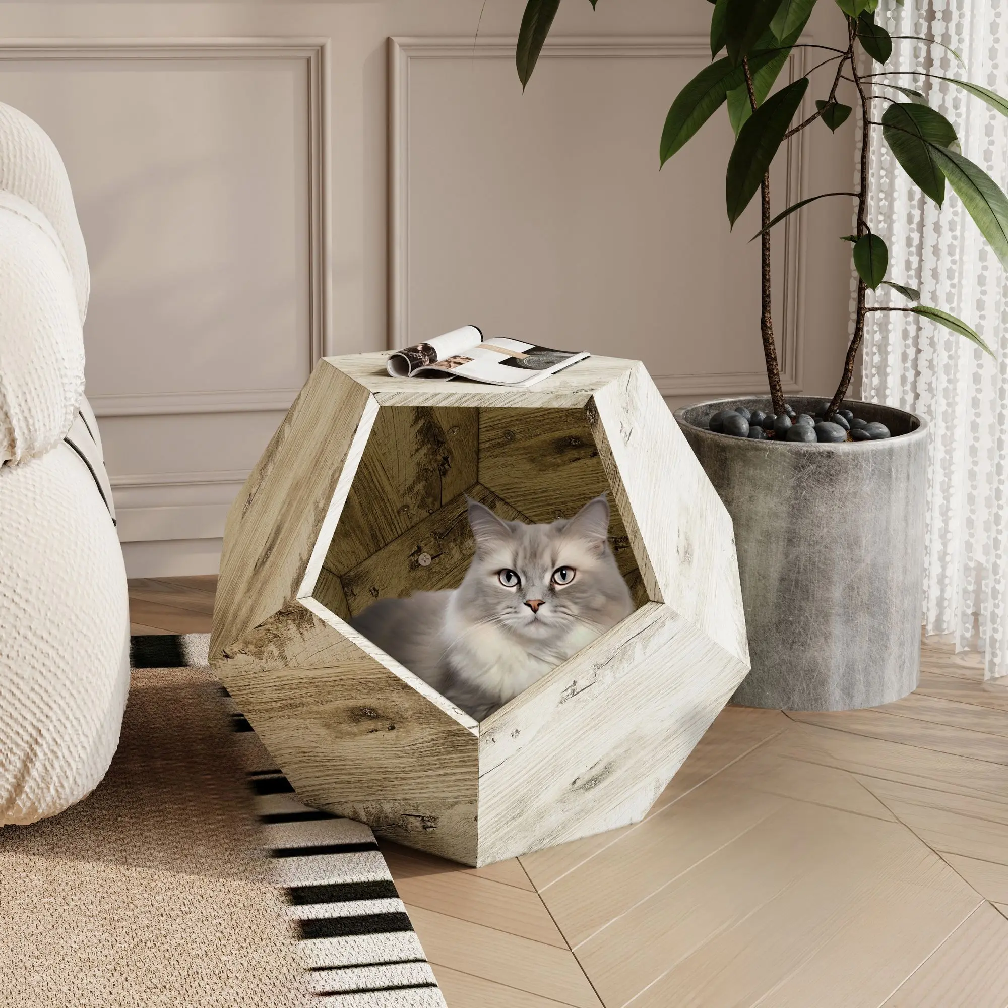 

25.98'' Modern Pet Furniture Cat Litter Box, Sofa Side Table, Planter MDF Multifunctional Furniture, Colored Flower Oak