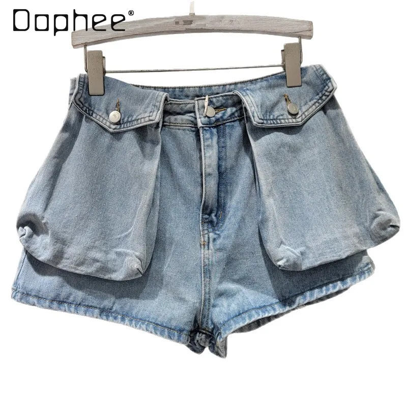 Three-dimensional Big Pocket Fashion Denim Shorts Women 2025 Summer New Solid Color Versatile Loose Slim A-shaped Wide-leg Pants