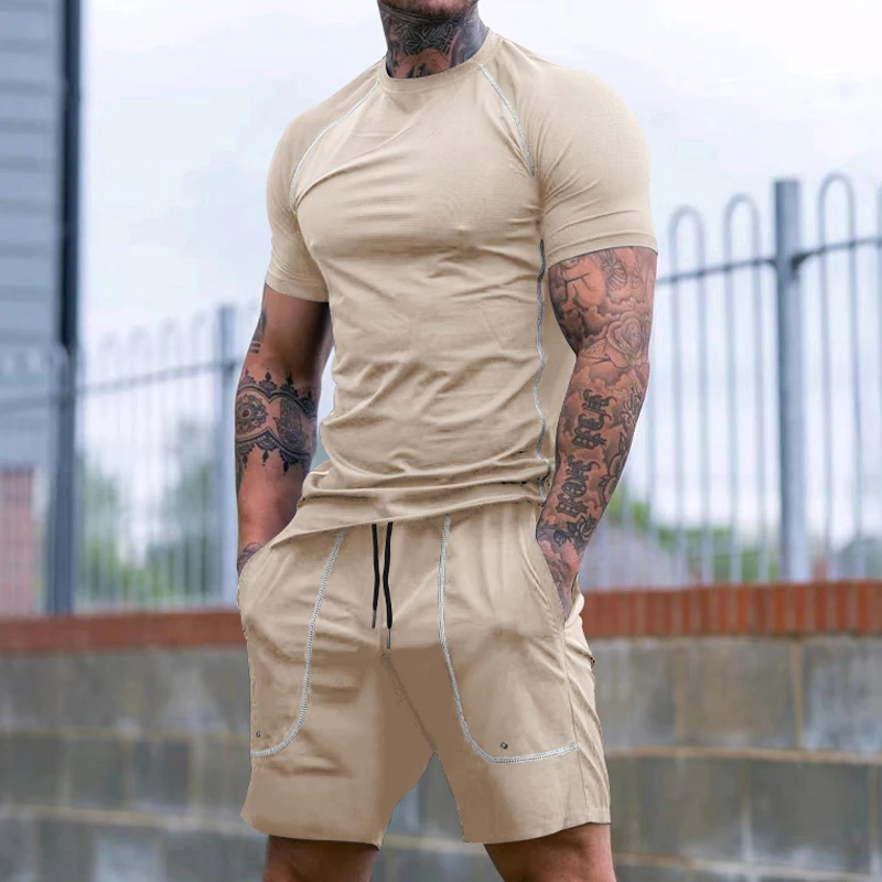 Cross-border Europe and the United States men's solid color short-sleeved shorts T-shirt tracksuit