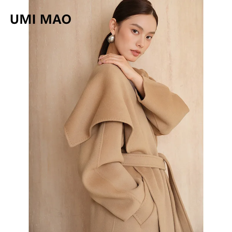 UMI MAO Double-Sided Wool Coat Women Autumn Winter Sheep Wool Large Lapel Mid-Length Wool Coat Female Overcoat
