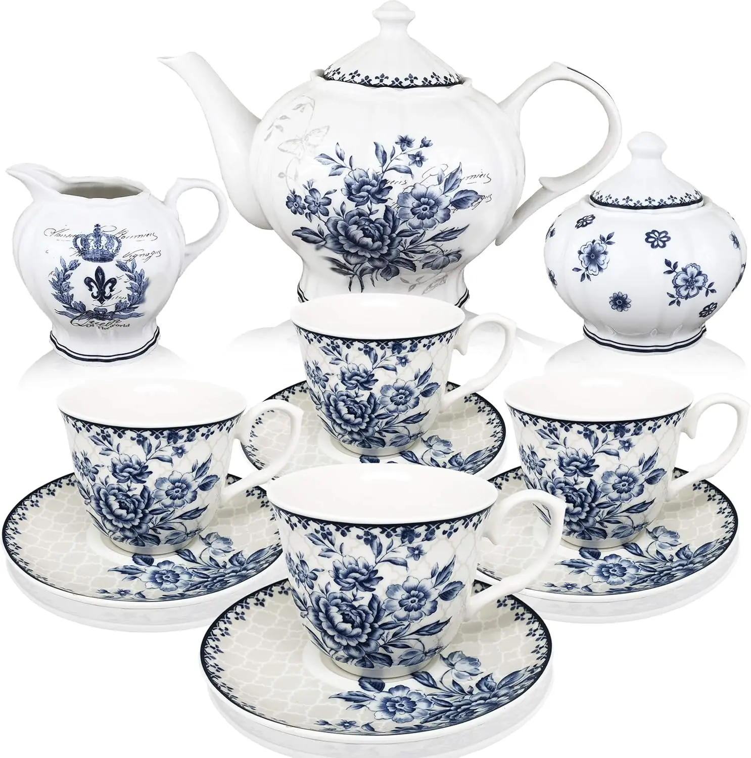 

Porcelain Tea Set for Adults, Blue Dream Design with 48oz Teapot, 8oz Cups & Saucers, Creamer & Sugar Set, Dishwasher Safe