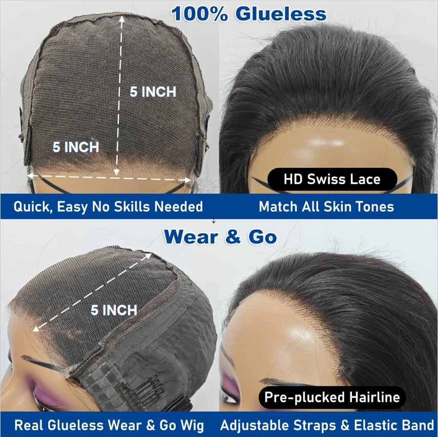 Gerade 5X5 leimlose Perücken Echthaar bereit zum Tragen vorgeschnittene Lace Wear And Go leimlose Perücke HD Lace Front Echthaarperücke für Frauen