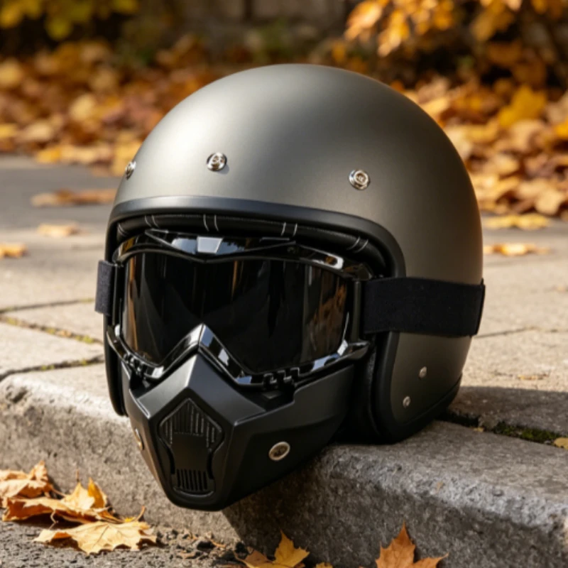 Hot Trend DOT Certified Black Khaki Line 3/4 Open Helmet Built-in Breath Mask Four Seasons Street Riding Jet Style Motorcycle He