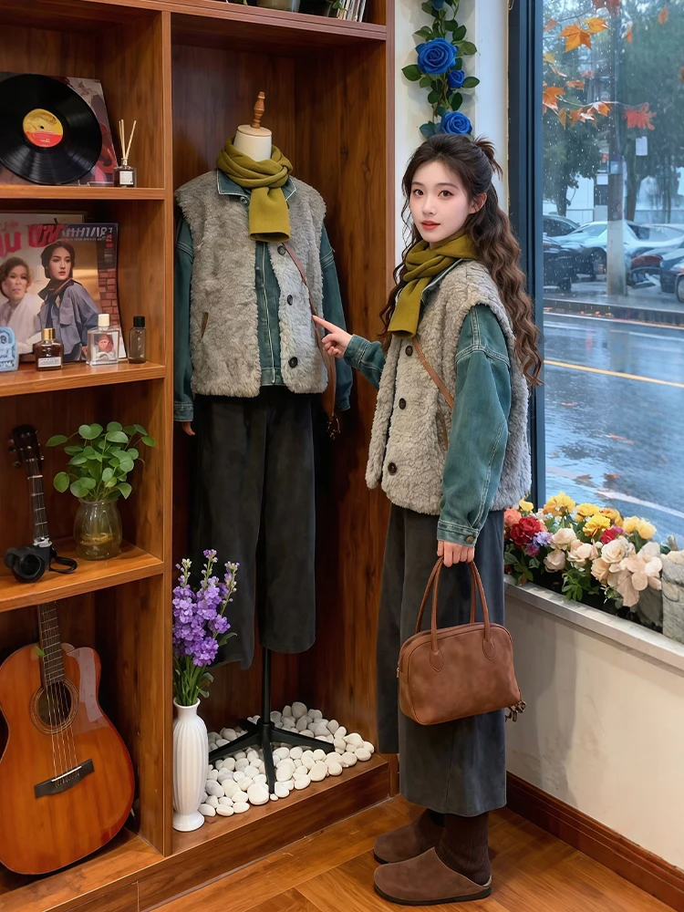 

Winter Fashion plus Size Denim Shirt Three Piece Set with Furry Vest And Wide Leg Pants Korean Style Casual Warm Outfit