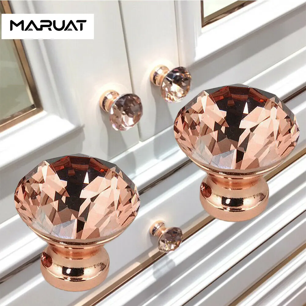 Kenop Laci Kenop Kristal dan Pegangan Kenop Kabinet Handel Tarik Bentuk Berlian Rose Gold untuk Lemari Pakaian Dapur Kamar Mandi