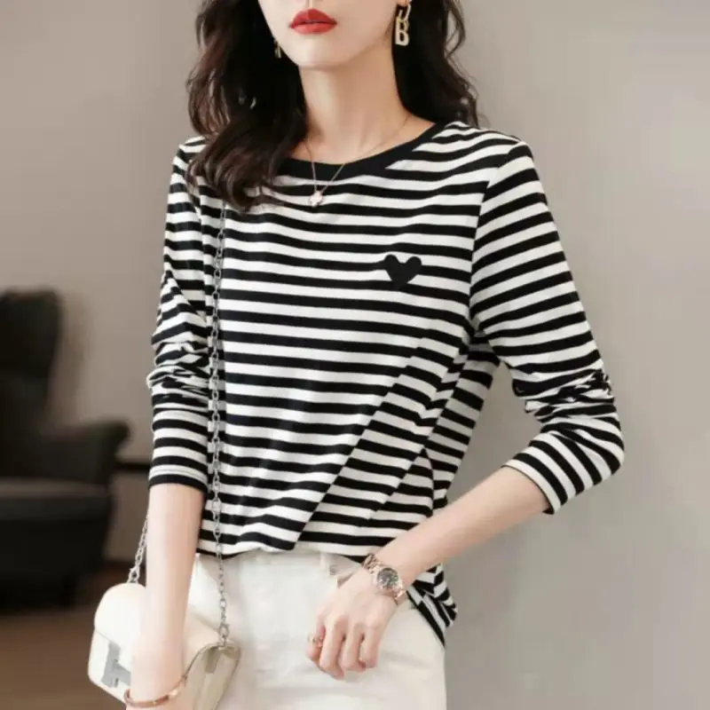 Women\'s Clothing Round Neck Long Sleeve Striped Pullover Contrast Color Geometric T-shirt Casual Fashion Spring Autumn Tops