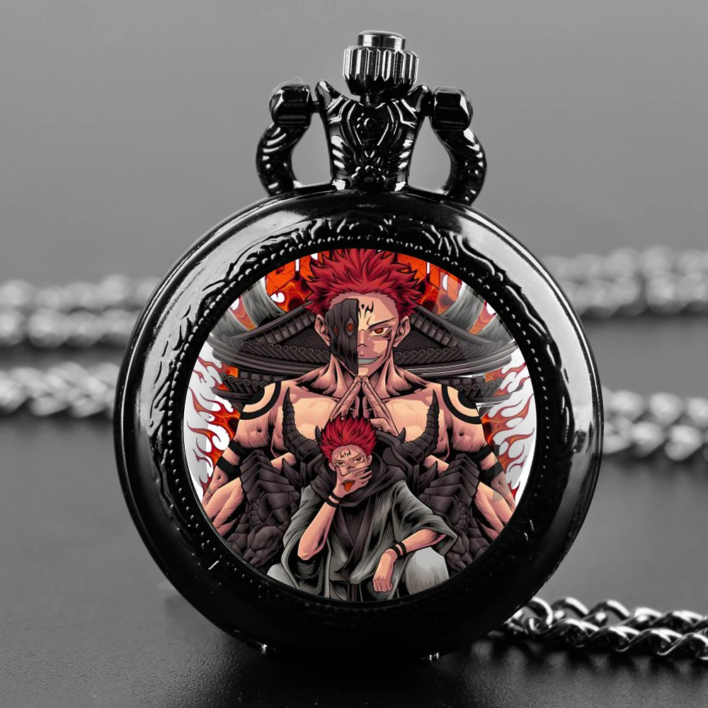 Ryomen Sukuna Glass Dome Black Quartz Pocket Watch with Arabic Numerals Dial and Durable Chain Gift for Men Women