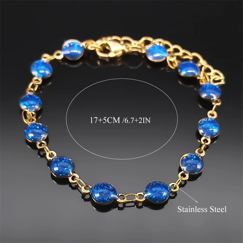 Korean Elegant Bracelets for Women Blue Crystal Stainless Steel Gold Color Chain Fashion Jewelry Accessories Party Gifts BXS04