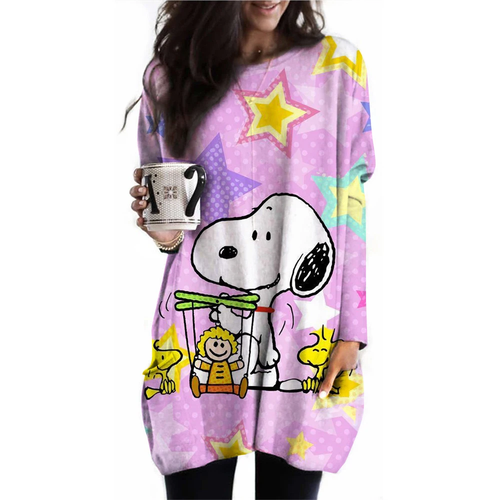 Snoopy printed women's T-shirt autumn long sleeved pocket T-shirt fashionable casual top daily loose round neck women's clothing