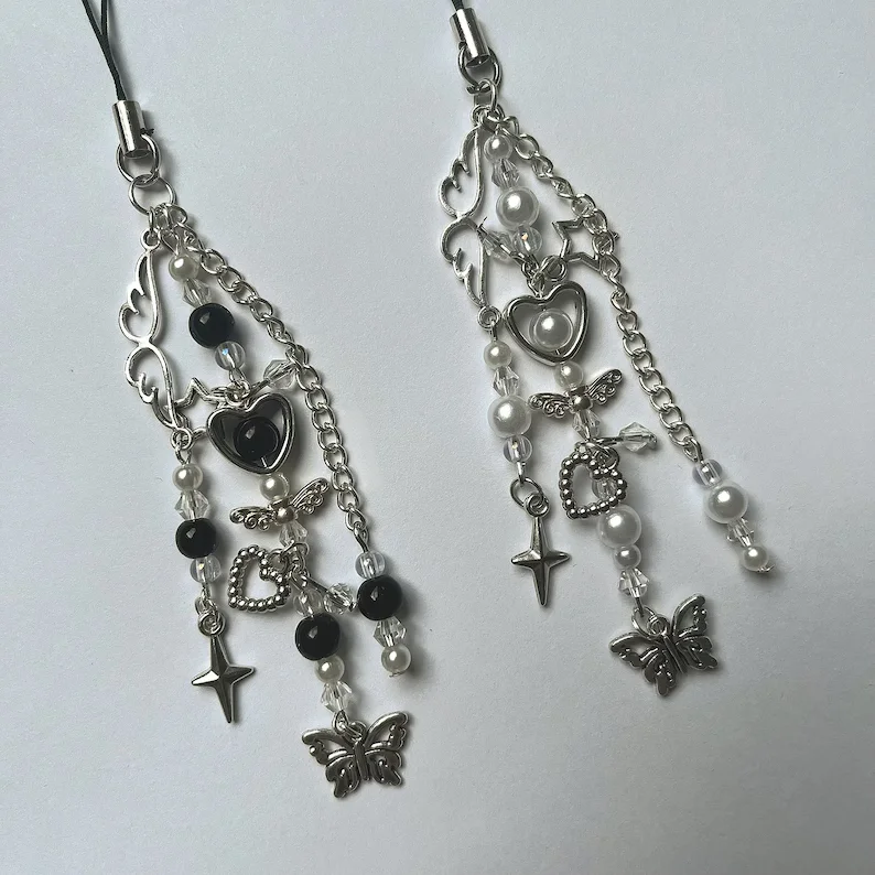 Chaveiro com contas de anjo claro e escuro, chaveiro estético, Kpop, pingente de telefone, cor, acessório de telefone