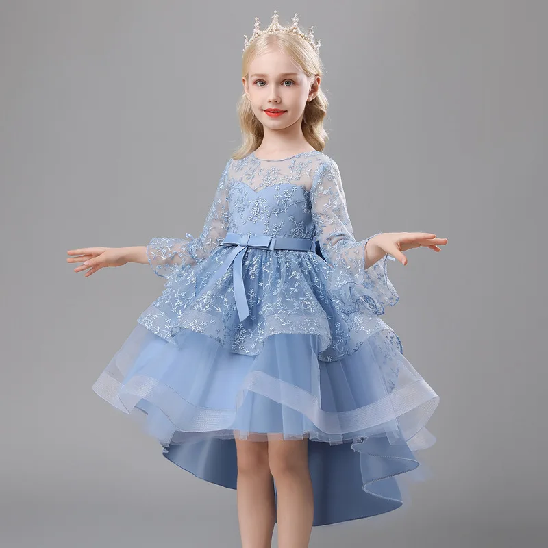 Girls\' Ceremony Gala Elegant Party Vintage Dresses 4 8 to 10 12 Years Blue Puffy Long Sleeve One-piece Gown Female Child Clothes