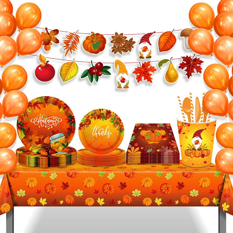 Thanksgiving Themed PartyPine Cones Maple Leaf Pumpkin Corn Pear Foil Balloons Birthday Party Decorations Disposable Tableware