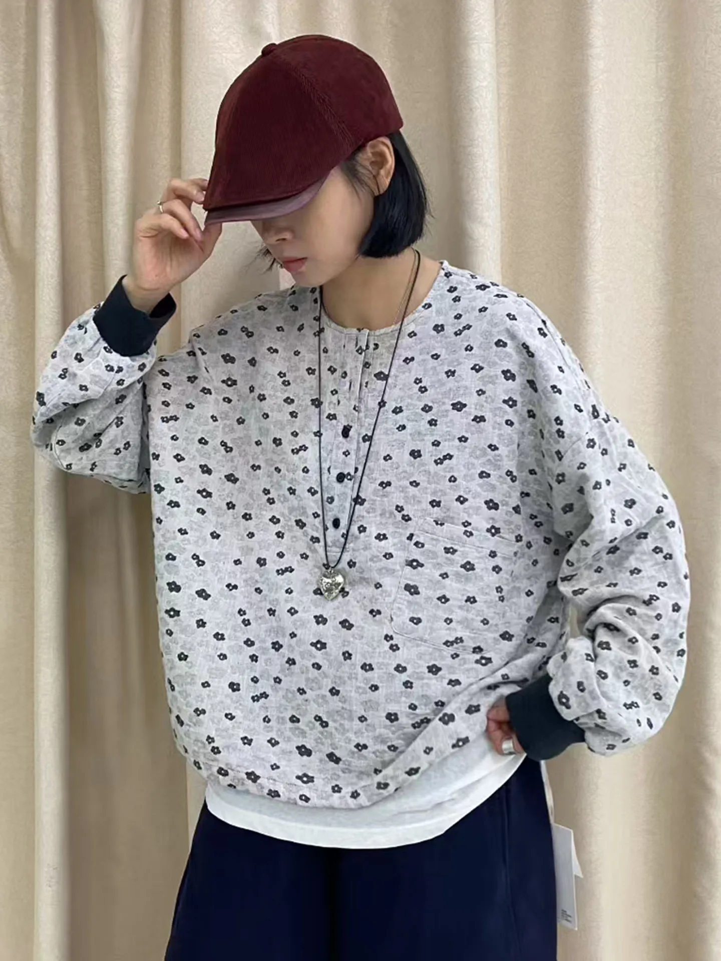 

Casual Loose Long Sve irt f Buttoned Personalized Small Floral Print Slimming Versatile Anti-Aging for Middle-Aged Women