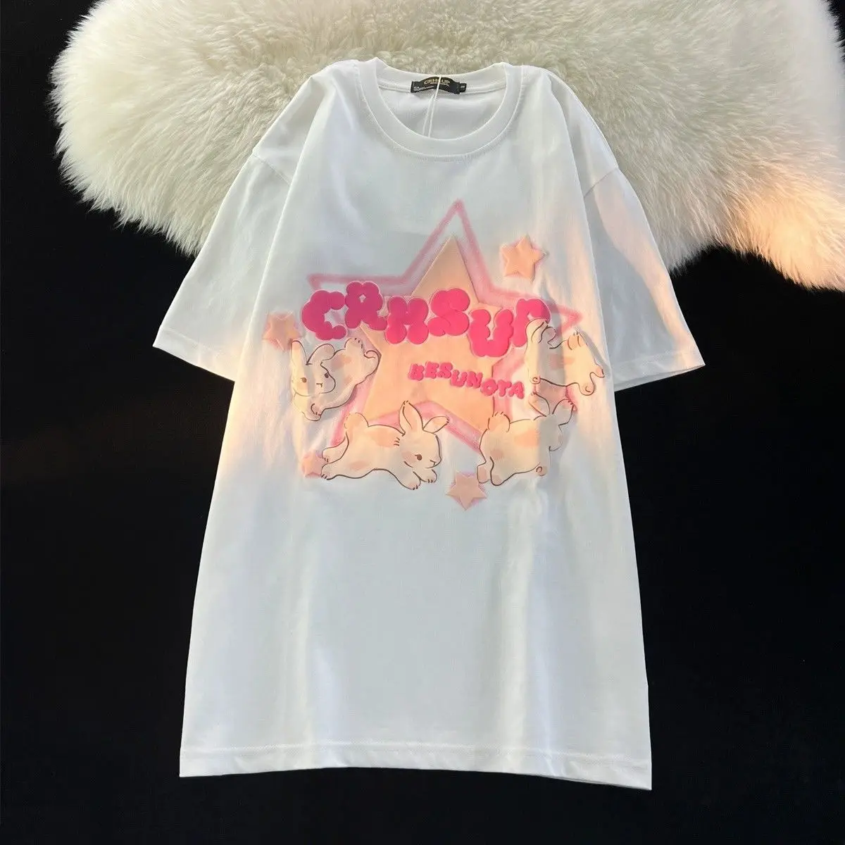 American Sweet Cool Cute Trendy Rabbit Print T Shirt For Women Sweet Casual All-Match Short Sleeve Tee 2024 Summer New Women'S