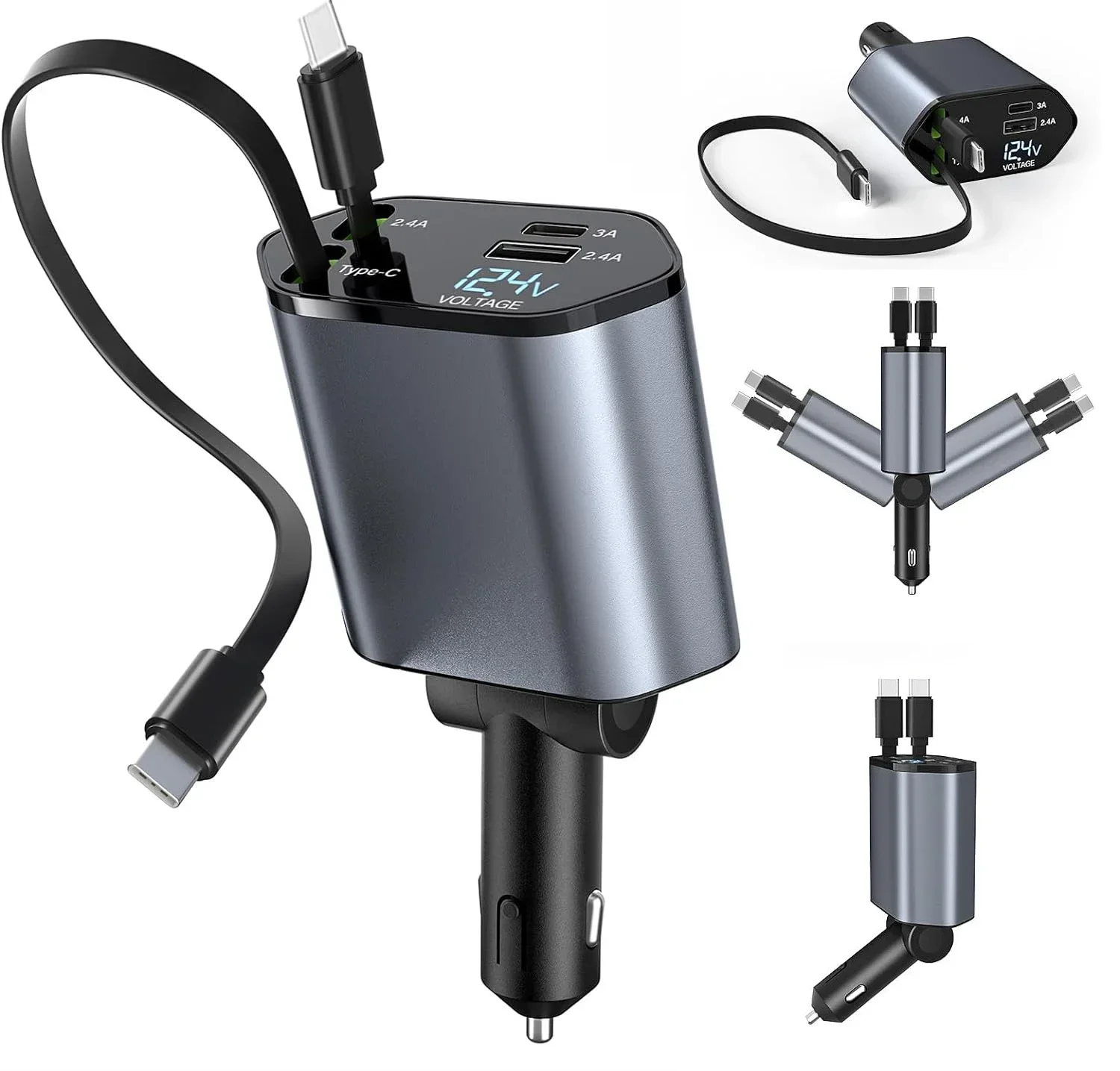 

4-in-1 Vehicle Charger, 120 Watt Fast Charging, Retractable Cable, 2 USB Ports, Compatible with All Vehicles Dual TYPE-C