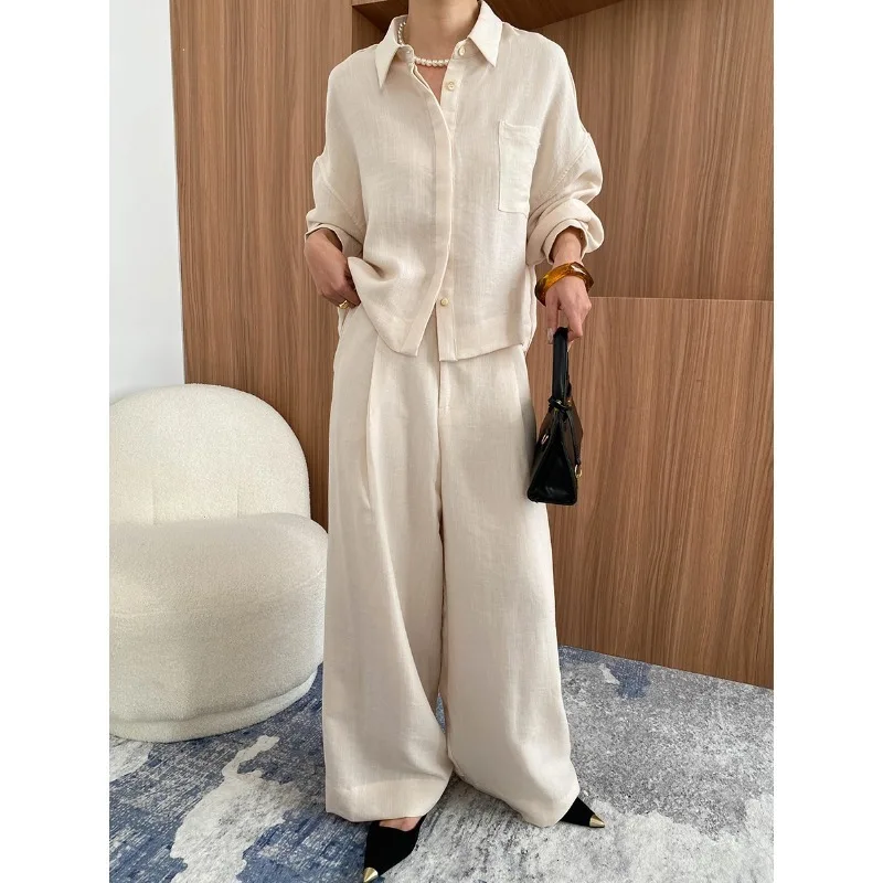 

Linen Breathable Loose Collar Shirt + Wide Leg Pants Women Two Piece Set