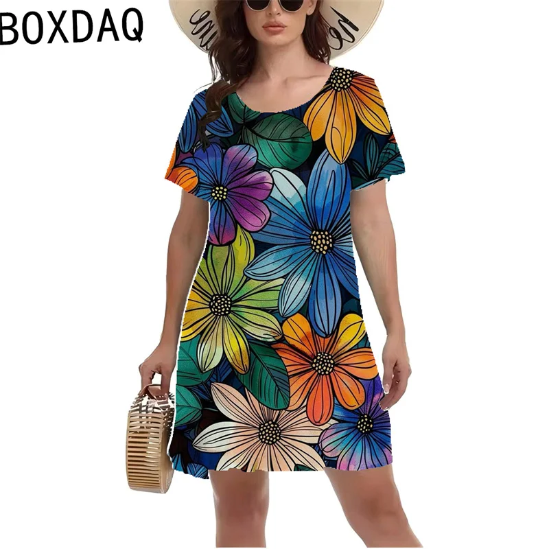 Women Summer Short Sleeve O-Neck Printed Dress Vintage 3D Floral Printed A-Line Dress Colorful Flowers Seaside Holiday Dress