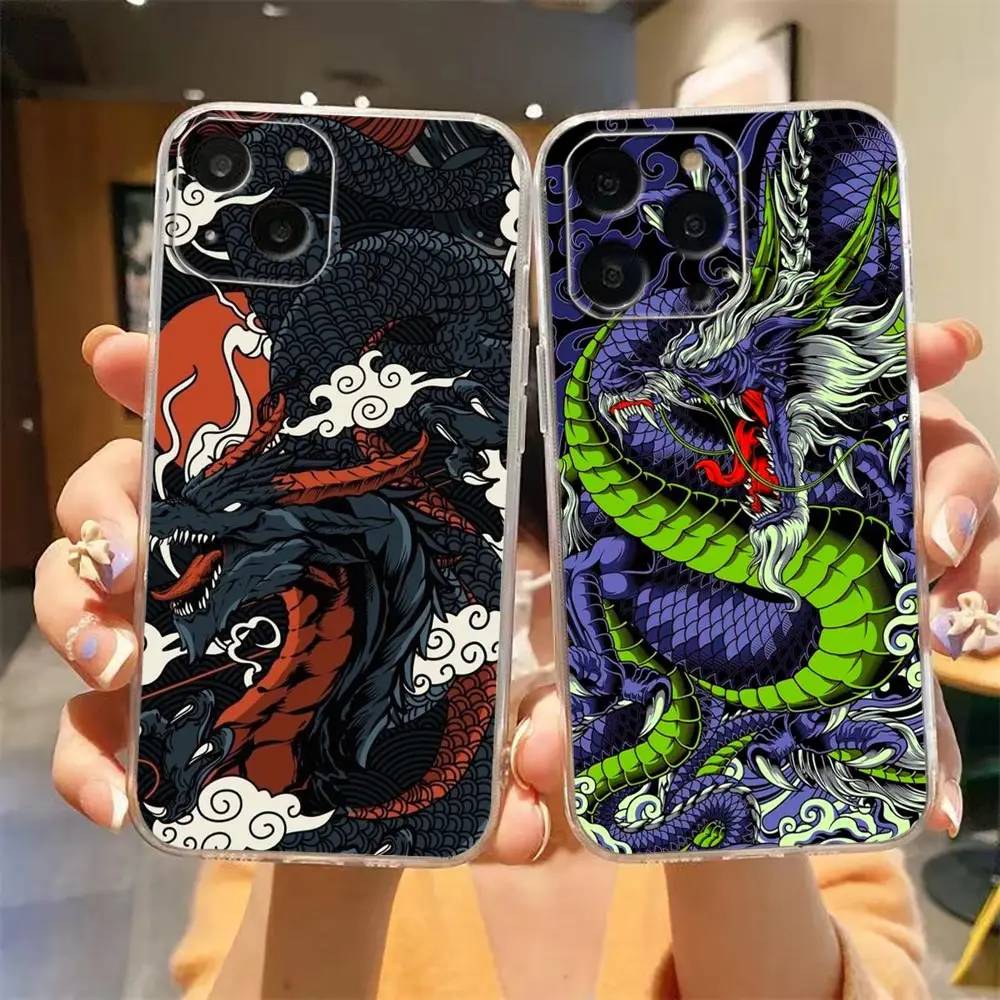 Clear Phone Case For iPhone 15 14 12 13 11 Pro SE 8 7 Plus X XR XS Max SE Silicone Case Funda Shell Mythical Dragon And Tiger