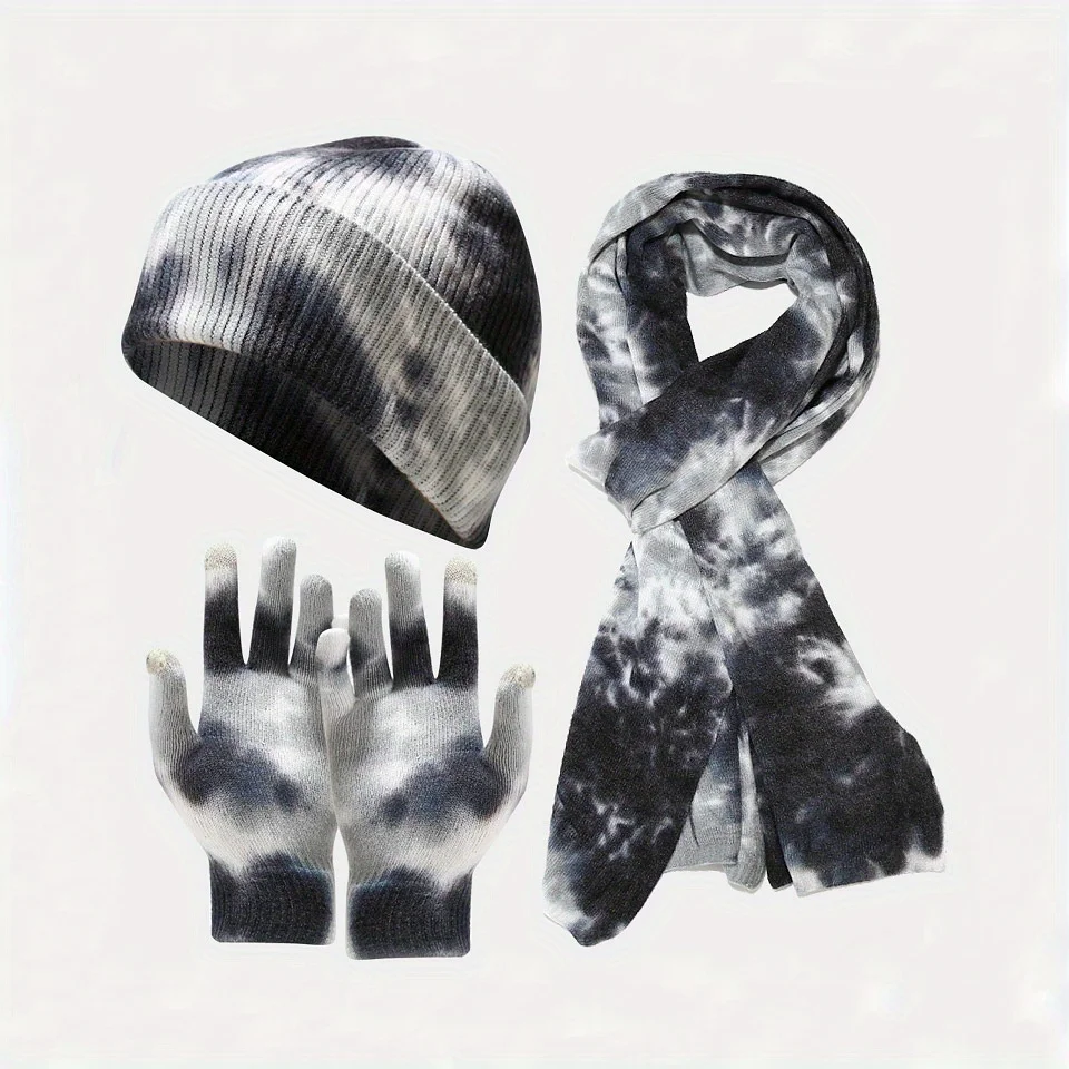 Tie Dye Knit Set 3Pcs Hat Gloves Scarf For Women Autumn Winter Outdoor Cold Protection Fashion Accessories
