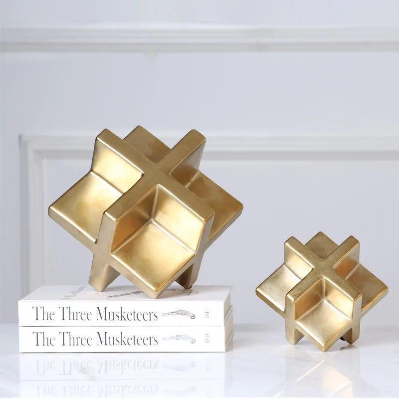 Simple light luxury gold electroplated square ceramic ornaments, model  handicrafts jewelry accepts  luxury style