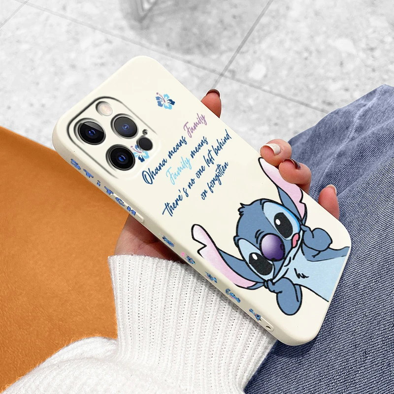 Anime Cartoon Lilo & Stitch Liquid Left Rope per Apple iPhone 15 14 13 12 11 XS XR X 8 7 SE Pro Max Plus Mini custodia morbida per telefono