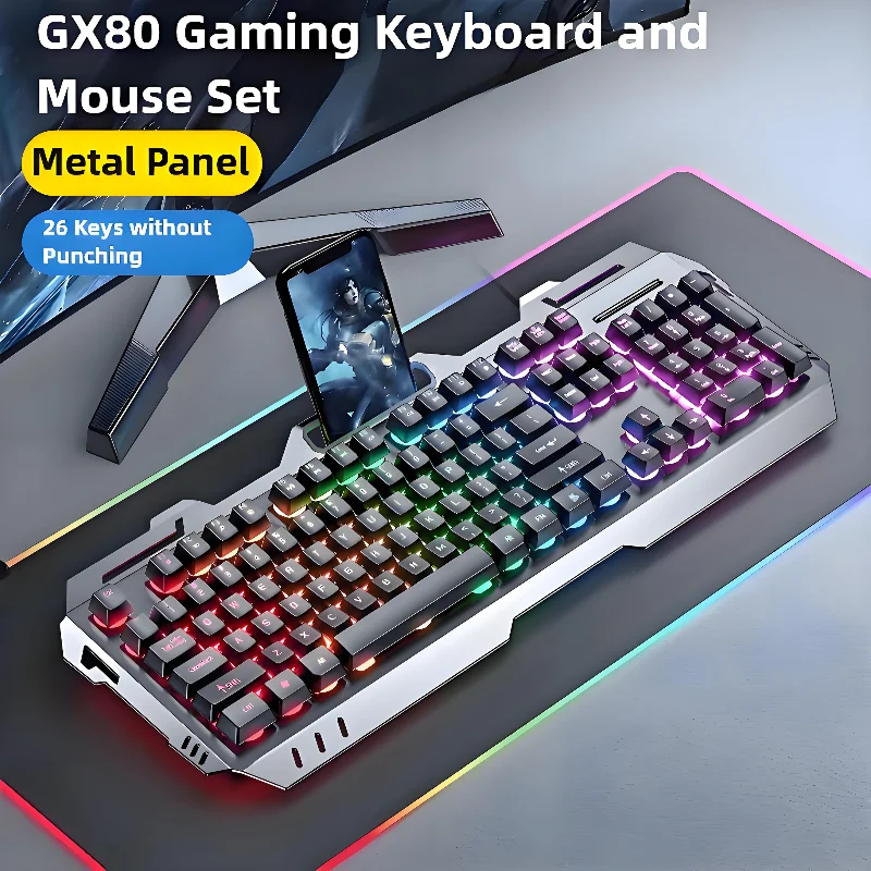 

Gaming Wired Keyboard Mouse Combos Set Rainbow Glow Backlight 104 Keys Metal Panel Mechanical Feel Keyboard for Laptop Desktop