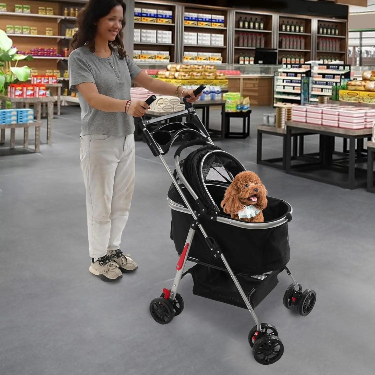 Poussette pliable pour chien avec roues universelles pour chats et petits chiens, 50 x 60 cm (Noir)