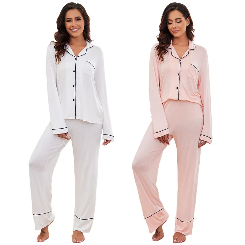 

Underwear Sleep Women Pajama Sets Lounge Ankle Length Pants Spliced Blouses Two Pieces Casual Loose Fit Single Breasted