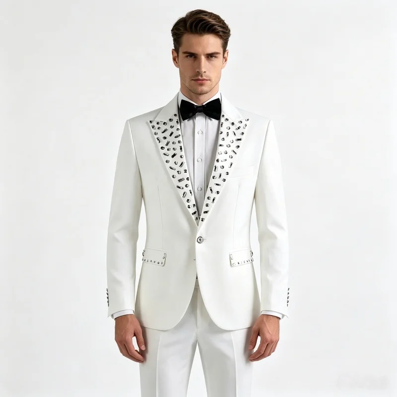 Men's 2-Piece Evening Suit Black White Crystal Blazer And Pants Tuxedo Costume for Party Host Singer Chorus Stage Performance