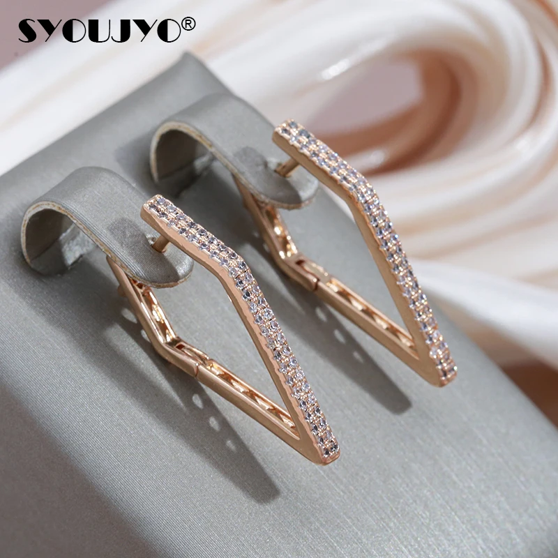 SYOUJYO Trendy V Shape Natural Zircon Long Earrings for Women Classic 585 Rose Gold Color Geometry Dangle Earrings Fine Jewelry