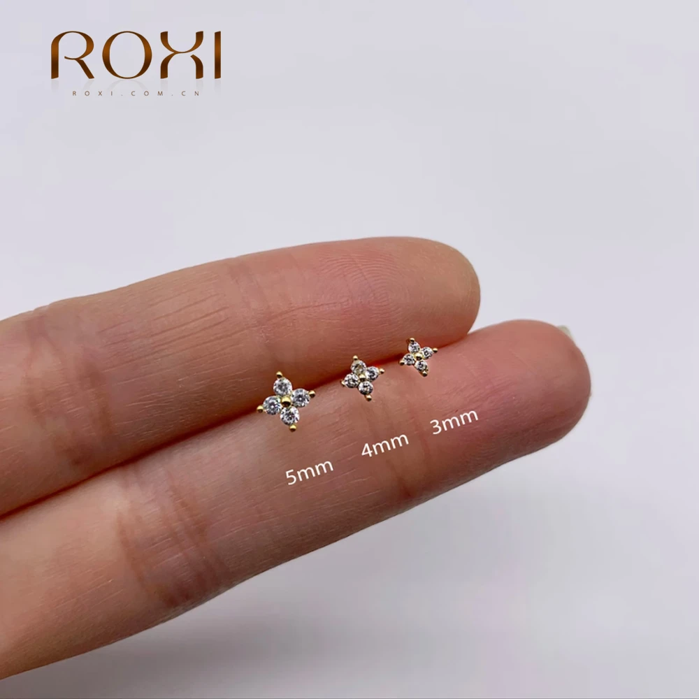 ROXI 925 Sterling zestaw srebrny kolczyk kwiat sześcienny cyrkon 3 sztuki kolczyki dla kobiet 3/4/5mm serce/gwiazda Piercing biżuteria ślubna