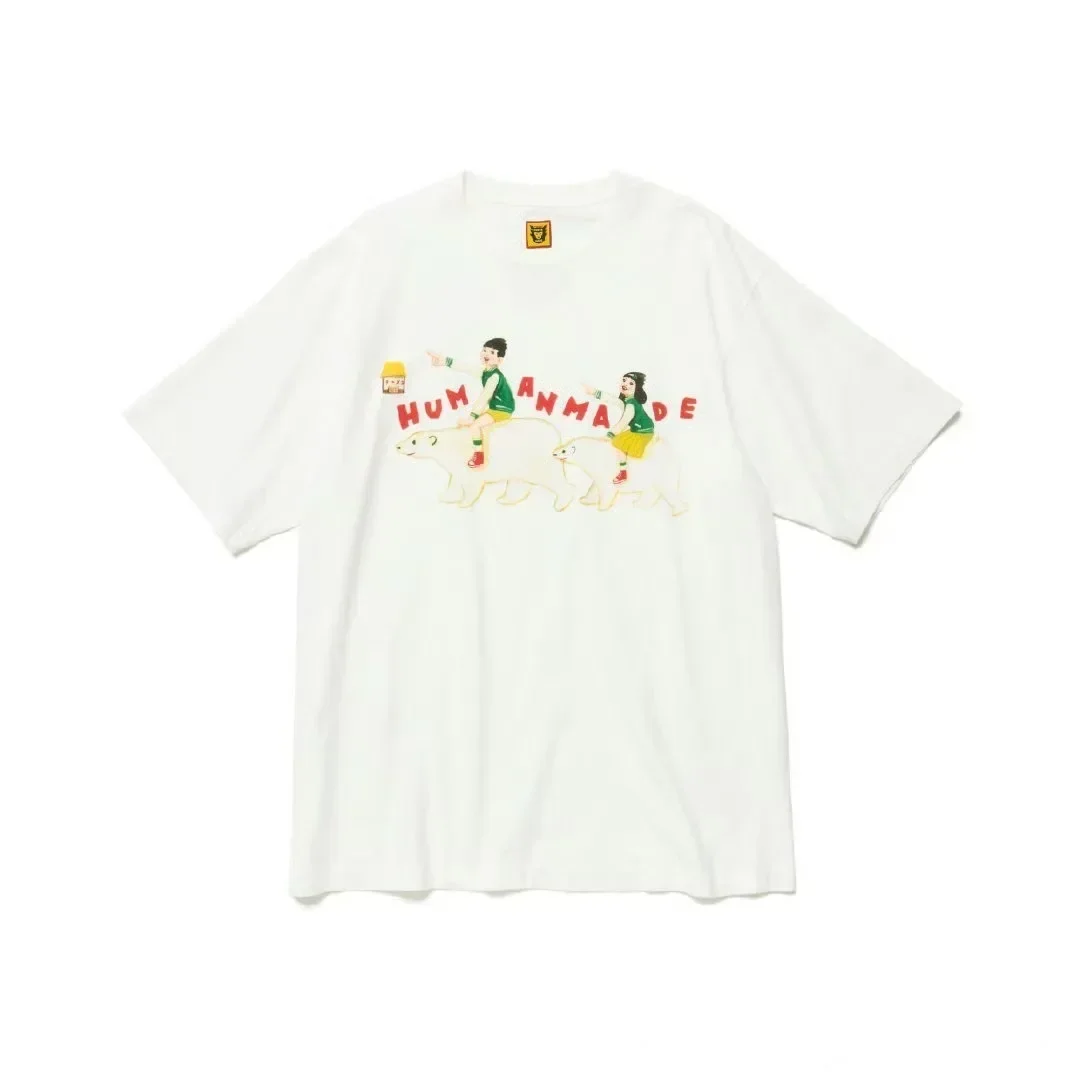 HUMAN MADE 2026 Summer New Couple Style Polar Bear Illustration Printed T-shirt Japanese Heavy Weight Bamboo Cotton Short Sleeve