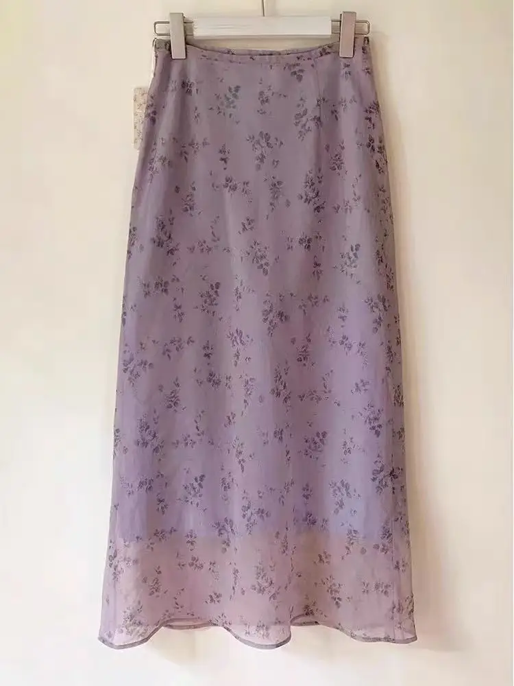 

High Waist Floral Print Midi Skirt Women's Spring Summer Slimming Faionable A-Line Skirt Korean Sle f-length Skirt