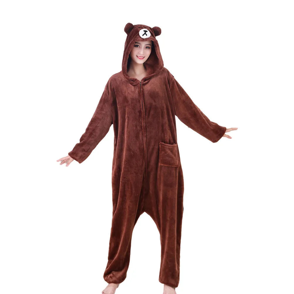 XXL Size Coffee Bear Onesie For Adults Animal Kigurumi Cosplay Costumes Flannel One piece Pyjamas Halloween Carnival Party Wear