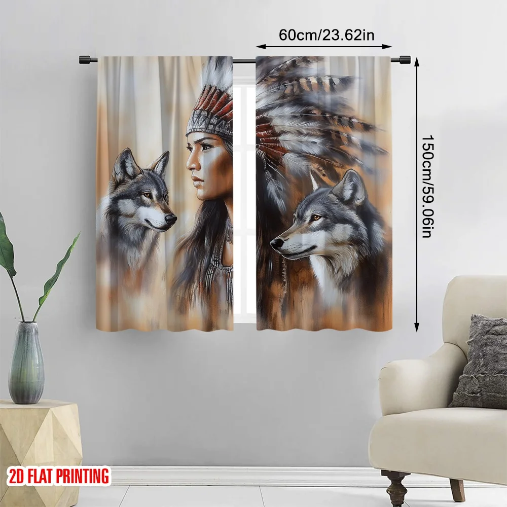 2Pcs 2D Flat PrintingColorful Curtain Blur Mystic Of Young Native Man Feather Wolves Suitable For Living Room Bedroom Kitchen