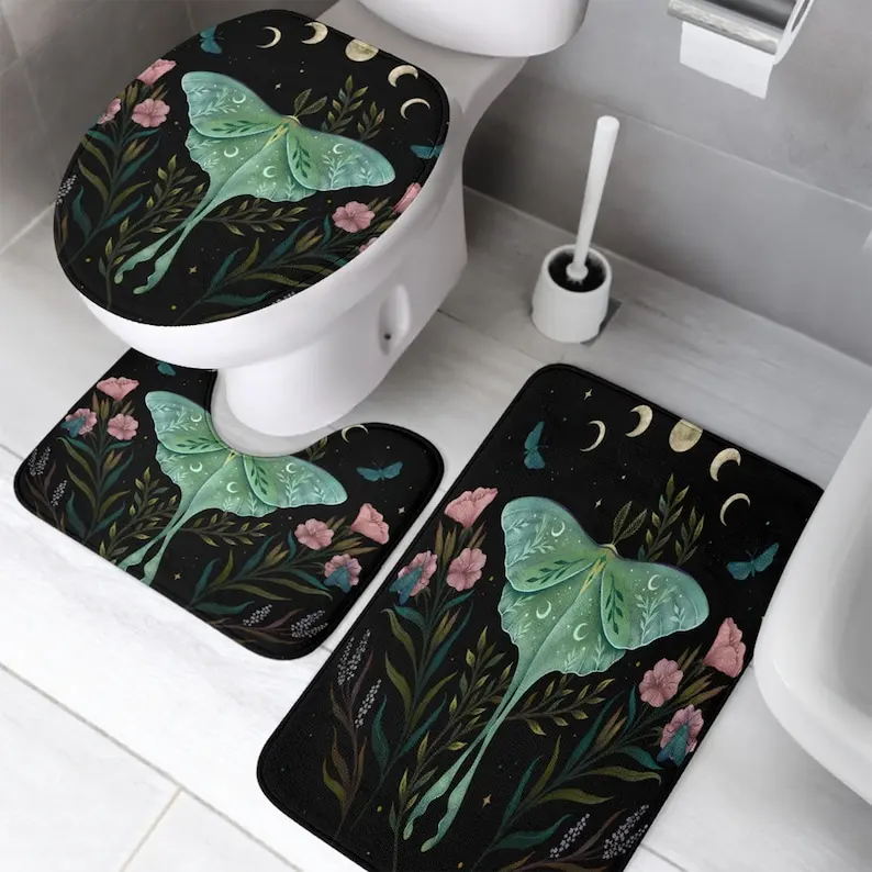 

Luna Moth Bath Mat Set 3PCS,Moon Phases Floral Print Non-Slip Absorbent Memory Foam Bathroom Rug with U-Shape Toilet Cover Decor