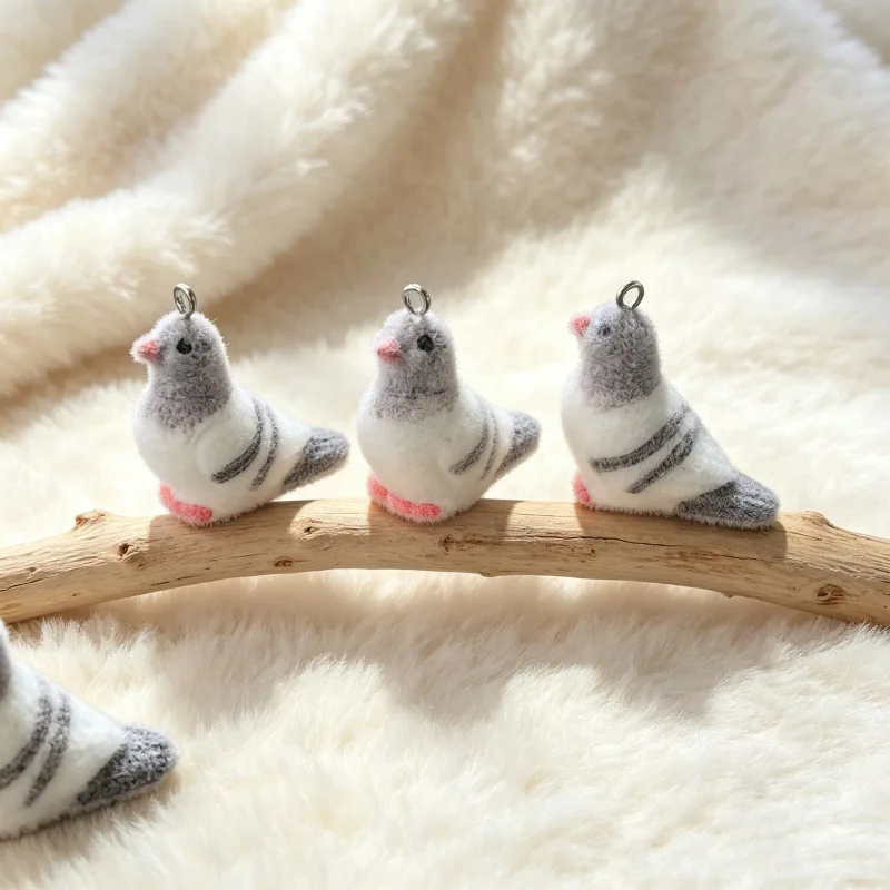 6Pcs Flocked Resin Simulation Cute Pigeon Pendants Fluffy Animal Charms DIY Jewelry Accessories for Earrings Necklace Keychain image 5