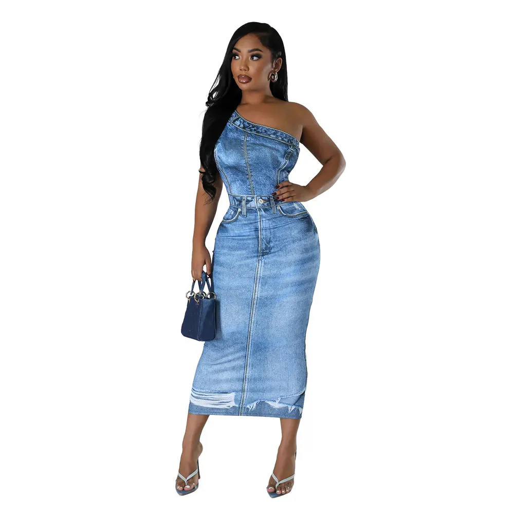 Women Denim Shirt Dresses Sleeveless Bare Shoulders Dress for Women Slim-fit Hip Wrap Bodycon Dress Button Tunic Women Clothing