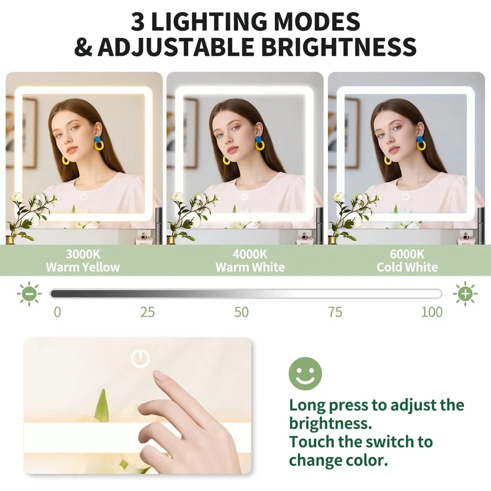 مكتب مكياج مع مرآة وأضواء - طاولة زينة بيضاء مع 5 أدراج تخزين و3 خزائن، طاولة تزيين خشبية مقاس 55.2 بوصة ارتفاعًا