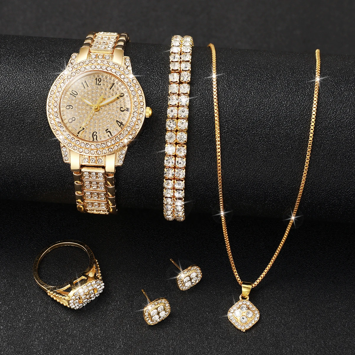 6PCS Fashion Full Diamond Women\'s Watch Gold Steel Band Analog Quartz Watches Jewelry Set(Without Box)