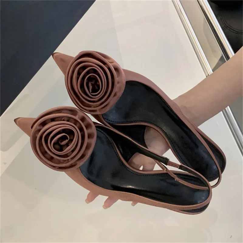 Eilyken Sexy Silk Slingback Pointed Toe Women Pumps Fashion Design Flowers Thin High Heels Banquet Prom Shoes