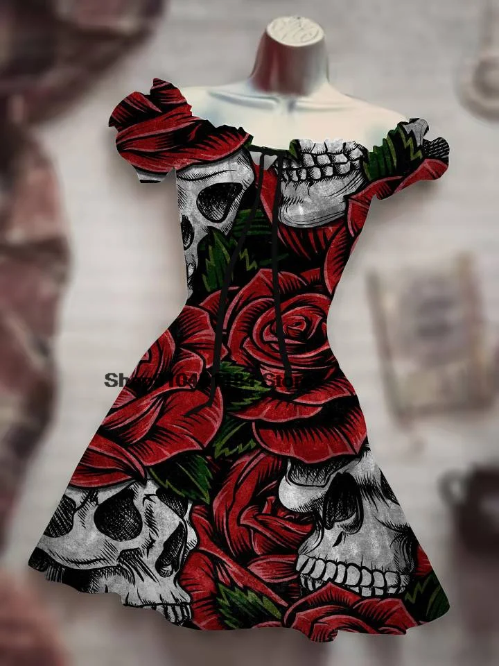 Summer 2022 Mid Waist Ladies Drawstring Dress Horror Halloween Skull Pringing Puff Sleeve Costume Rose Skull Night Clothes