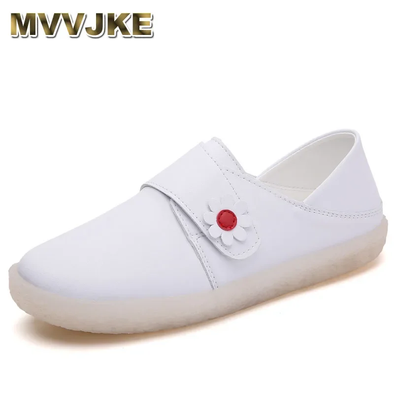 MVVJKE Women's shoes solid color shoes nurse hook & loop white shoes women flat white hospital work