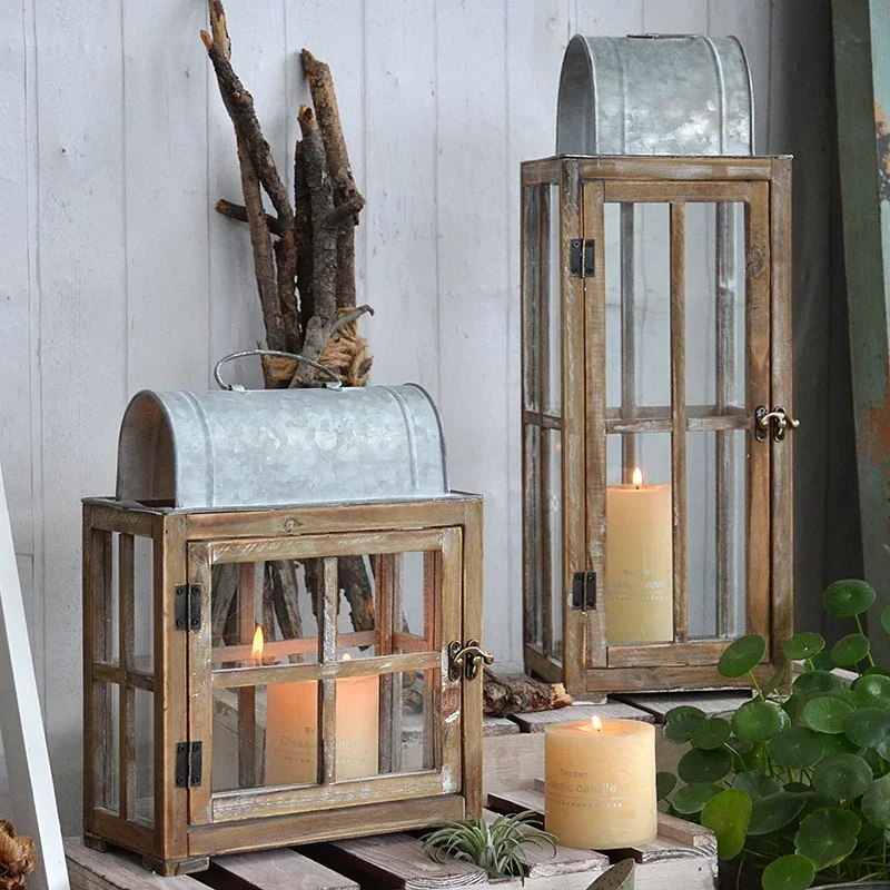 حامل شموع مزخرف على شكل فانوس مستطيل عتيق مصنوع يدويًا من الخشب الصلب AZ