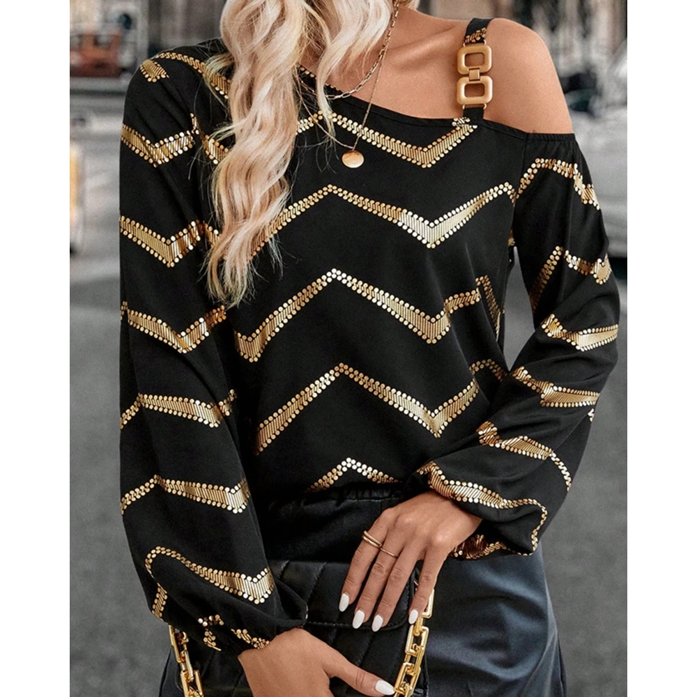 Spring Summer Elegant Blouses for Women Fashion Wave Print Chain Strap One Shoulder Blouse Femme Long Sleeve T-Shirt y2k Tops