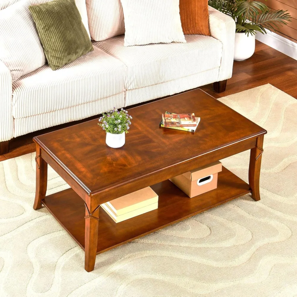 Solid Wood Coffee Table with Storage Shelf, Mid-Century Living Room Table with Wood Carved Tabletop and Leg, 43.3” Splicing Coc