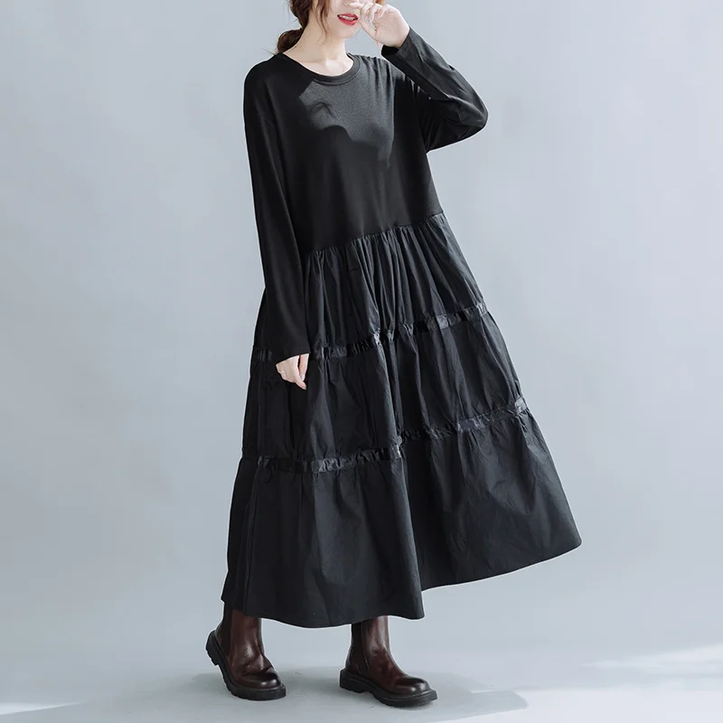 黒の長袖ミドル丈Tシャツドレス,スプリットジョイント,ラウンドネック,ラージ,サイドポケット,春,秋,#6823