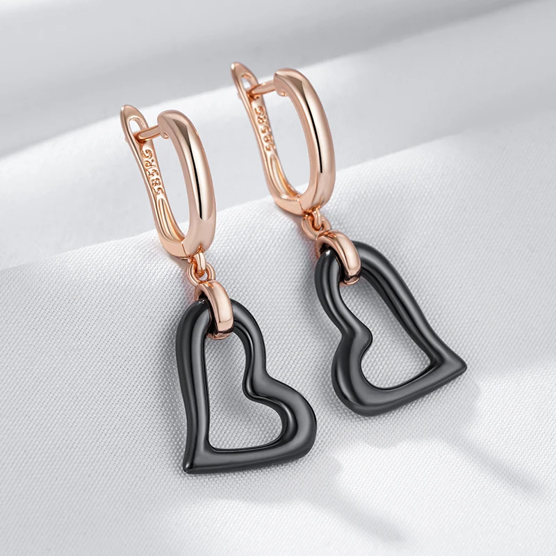 Kinel Hot Heart Black Ceramics Long Drop Earrings For Women Simple 585 Rose Gold Color High Quality Daily Vintage Jewelry